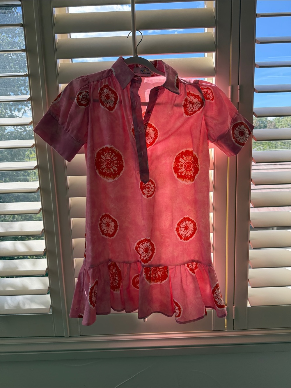 Girls' Pink Short-Sleeve Polo Dress with Red Medallion Print